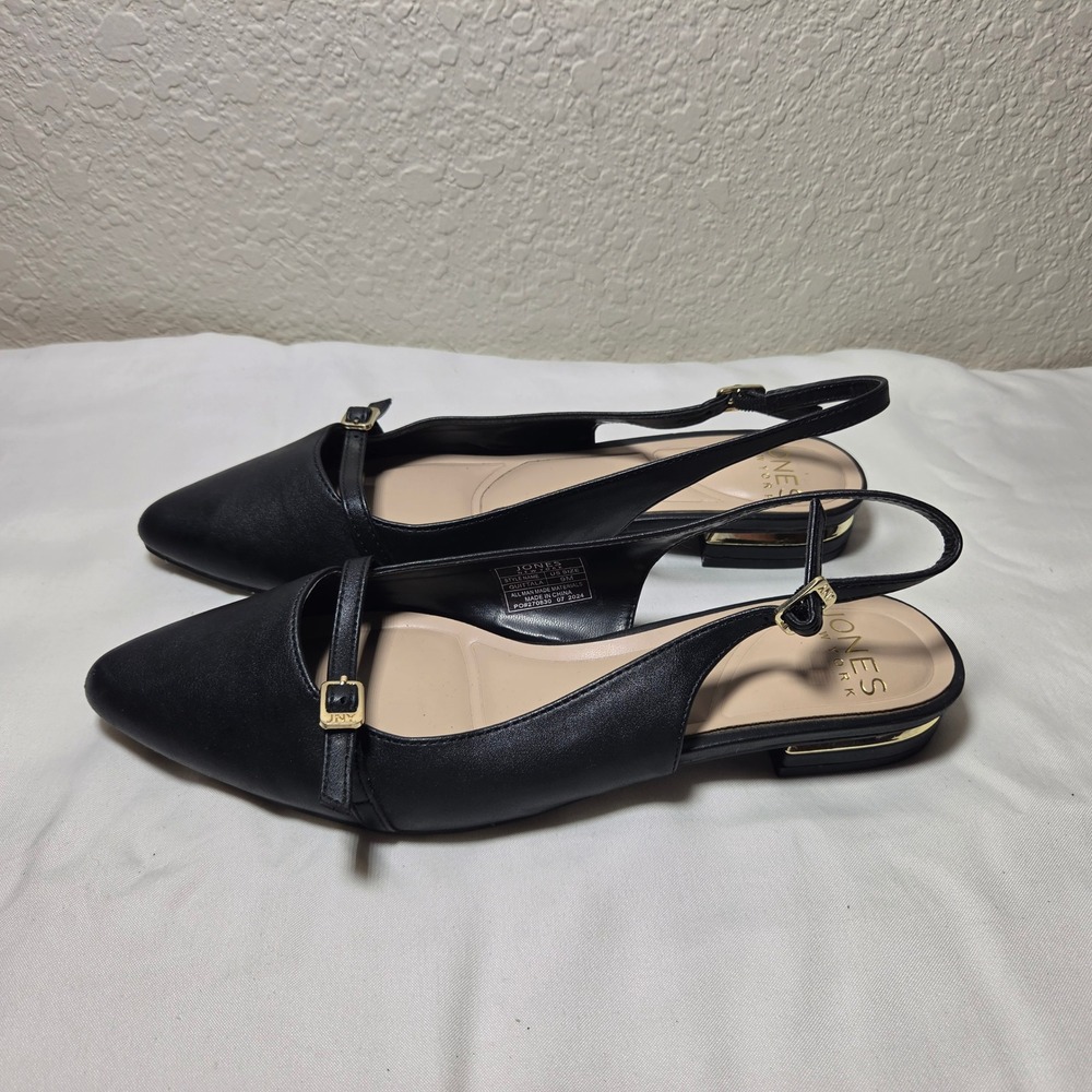 Jones New York Quittala Black Slingback Pointed Toe Flats Gold Accent Size 9M
